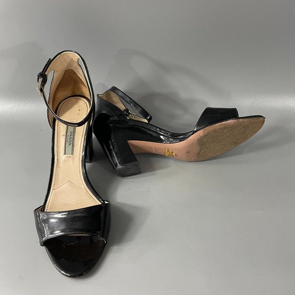 Prada Black Patent Leather Ankle Strap Blocked-heeled Sandals, 39 - Picture 1 of 12